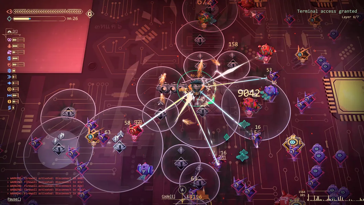 A Net.Attack() fight: the hacker's code fires rings of attacks into a swarm of red and blue security programs on a circuit board