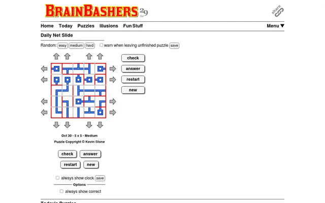 BrainBashers Net Slide for 30 October, 5x5 Medium: jumbled blue cable tiles and computers inside red walls, with slide arrows on every side and check, answer and restart buttons
