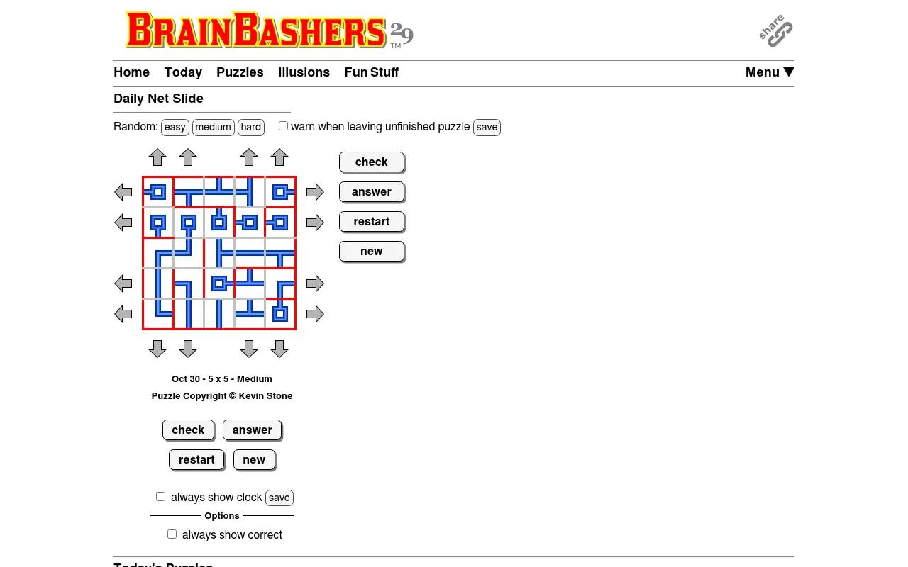 BrainBashers Net Slide for 30 October, 5x5 Medium: jumbled blue cable tiles and computers inside red walls, with slide arrows on every side and check, answer and restart buttons