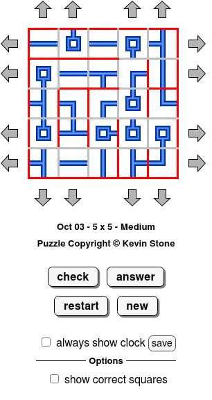 BrainBashers Net Slide for 3 October, 5x5 Medium: a jumbled grid of blue cable pieces and computers with red walls and grey arrows around the edges