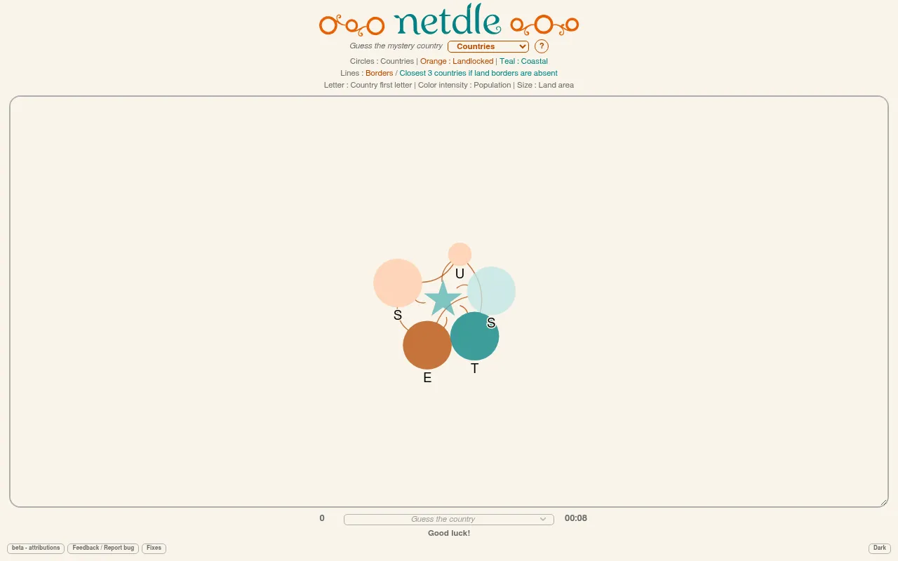 Netdle Countries: a star for the mystery country linked to five neighbour circles lettered S, U, S, E and T in orange and teal