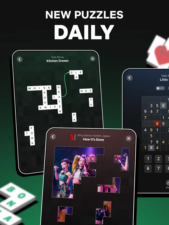 Netflix Puzzled daily puzzles on tablets: a Bonza word grid, a sudoku and a jigsaw, under the words New puzzles daily