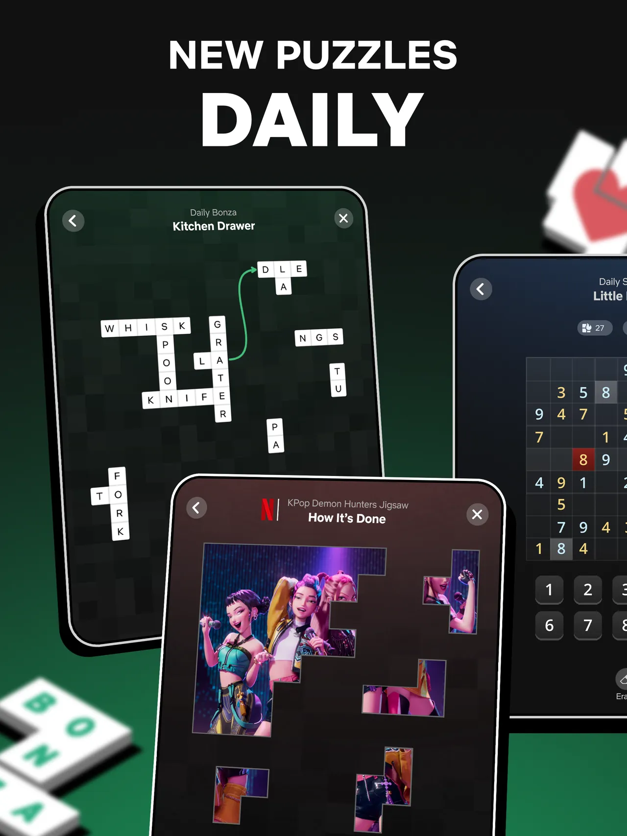 Netflix Puzzled daily puzzles on tablets: a Bonza word grid, a sudoku and a jigsaw, under the words New puzzles daily