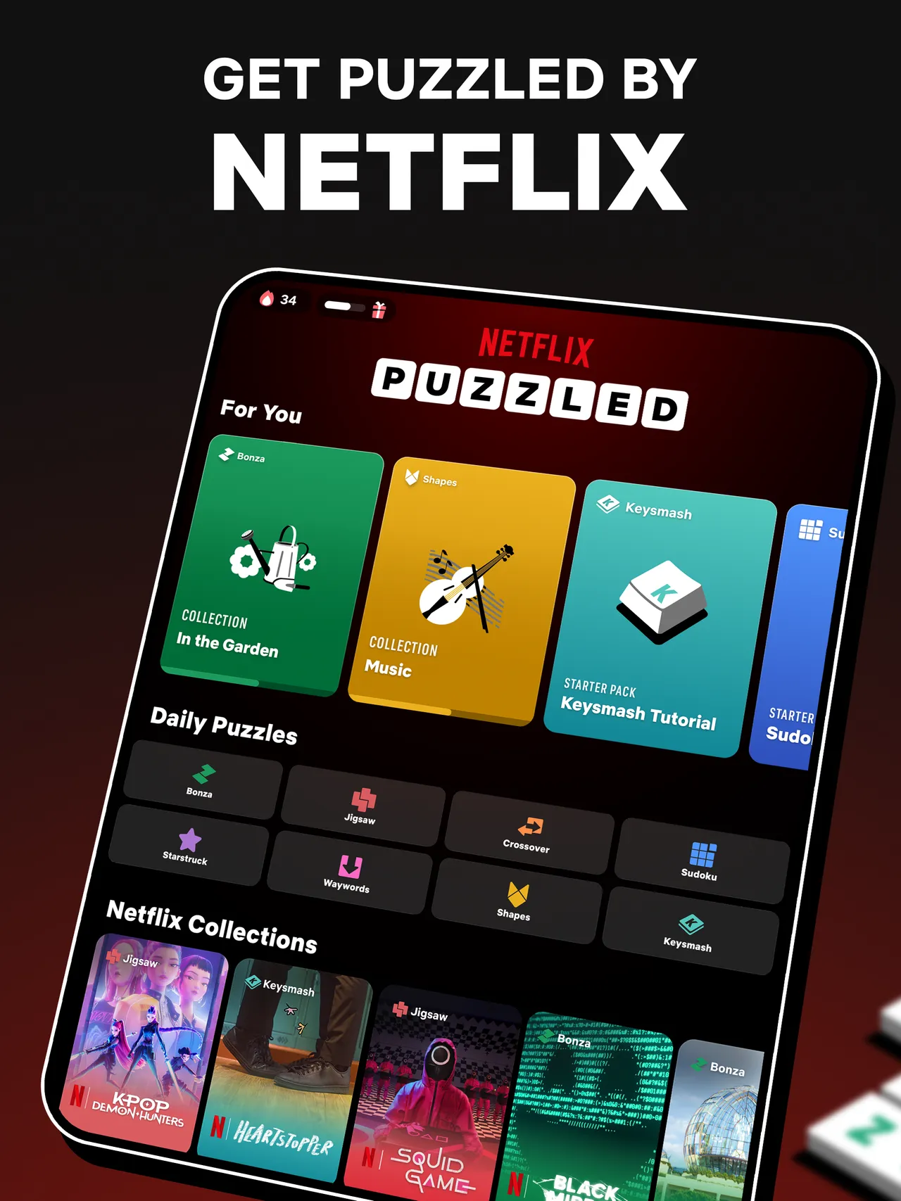 The Netflix Puzzled home screen with Daily Puzzles and Netflix collections