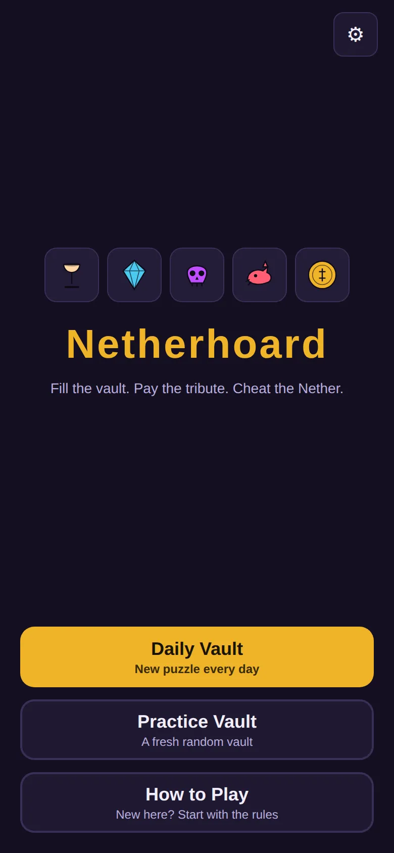The Netherhoard title screen with relic icons and buttons for Daily Vault, Practice Vault and How to Play