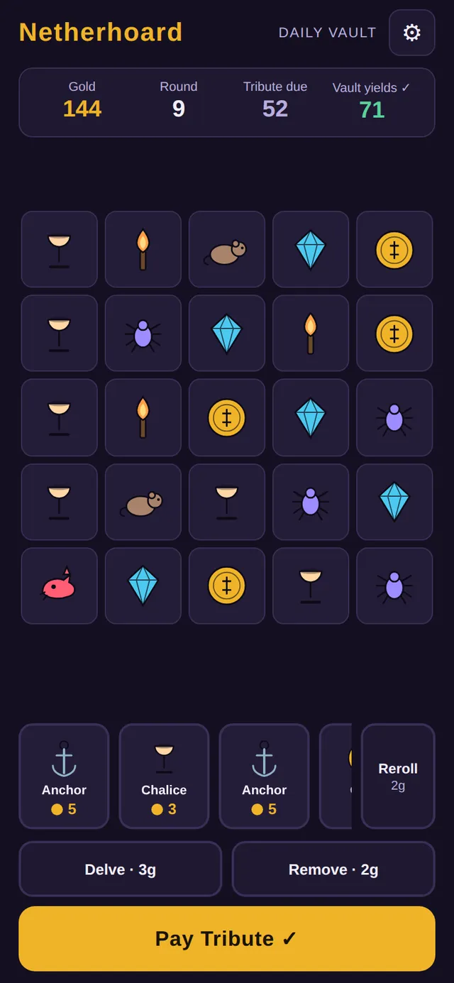 A Netherhoard Daily Vault in round 9: a 5x5 vault of chalices, torches, gems, coins, spiders and rats, gold 144, tribute due 52, with relic offers and a Pay Tribute button below