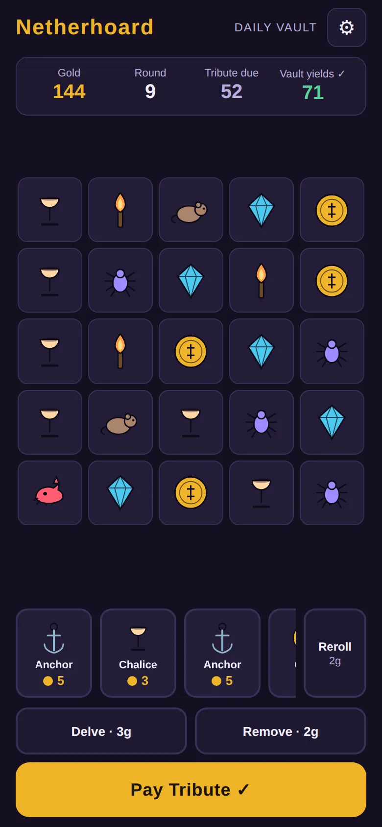 A Netherhoard Daily Vault in round 9: a 5x5 vault of chalices, torches, gems, coins, spiders and rats, gold 144, tribute due 52, with relic offers and a Pay Tribute button below