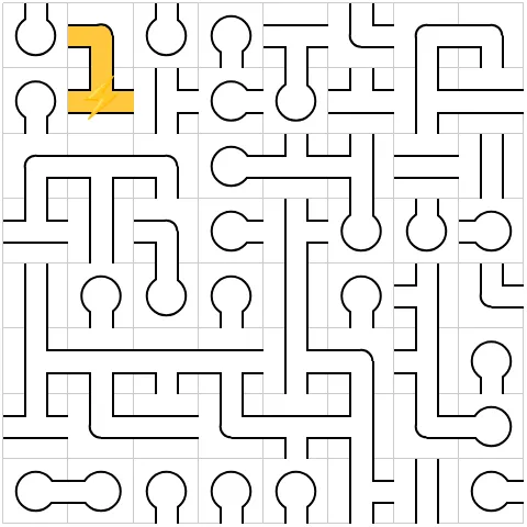 Today's medium Network puzzle on PuzzleMadness, an 8x8 grid of unconnected line tiles with only the power cell lit in yellow
