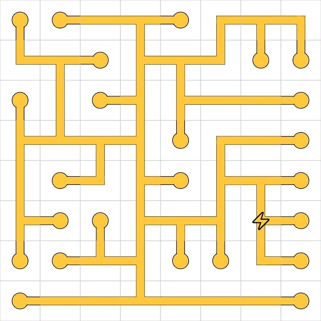 A finished Network puzzle from PuzzleMadness's rules, every tile joined in one yellow network around the power cell