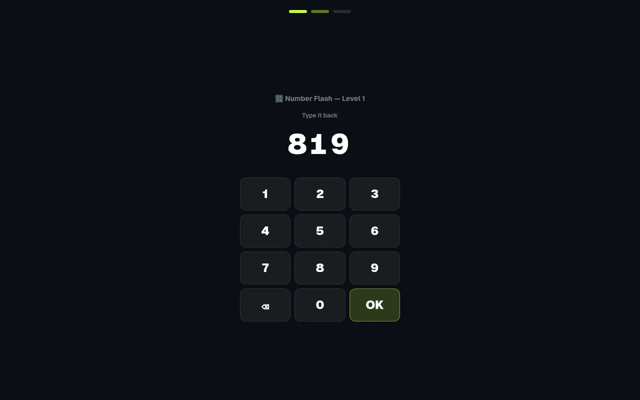 NeuroSprint #105 on 27 October 2026: Number Flash level 1 with the day's three digits 819 typed back above the on-screen keypad
