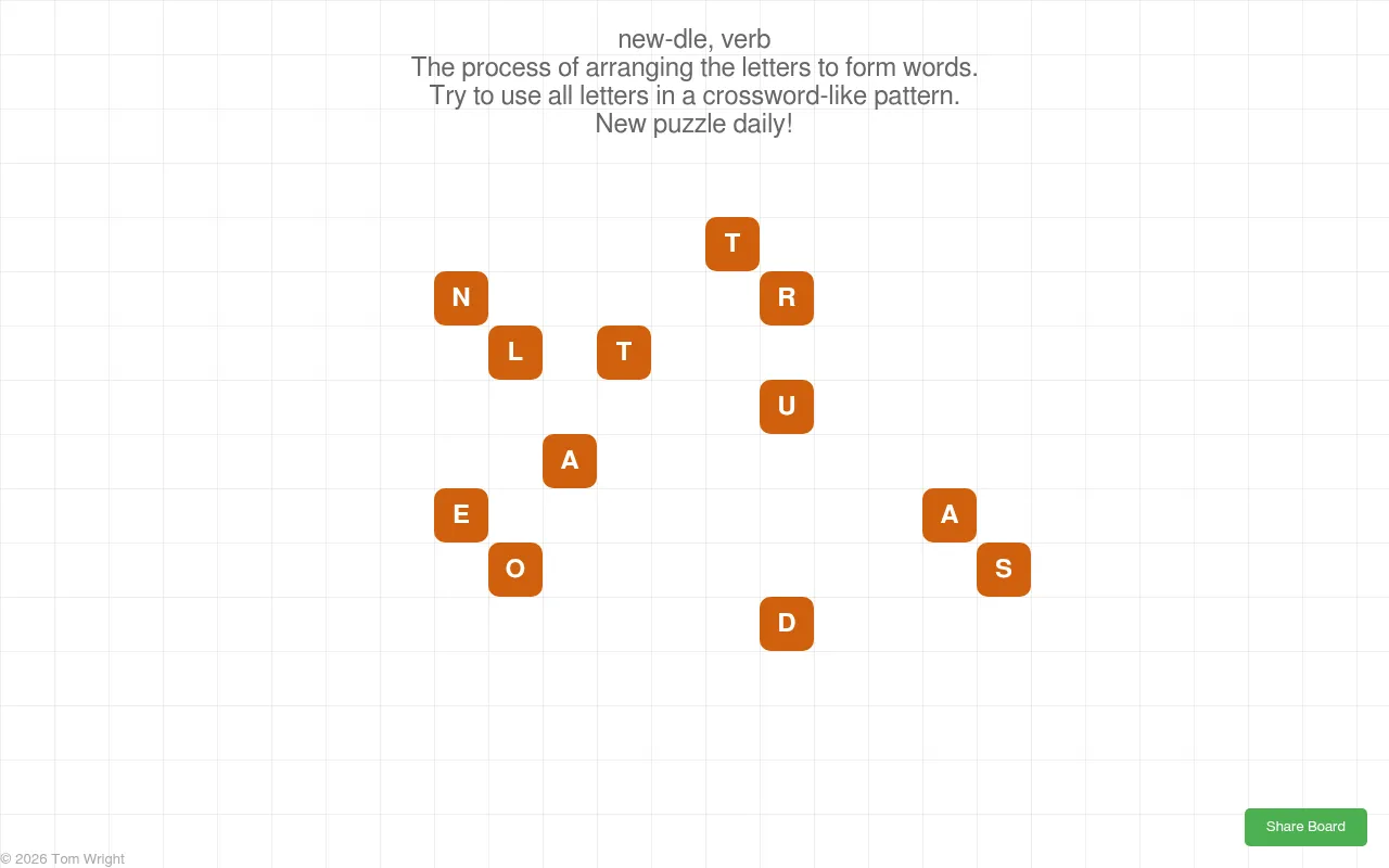 newdle's 22 October 2026 start: the day's twelve orange letter tiles scattered over a faint grid under the new-dle definition, with the Share Board button