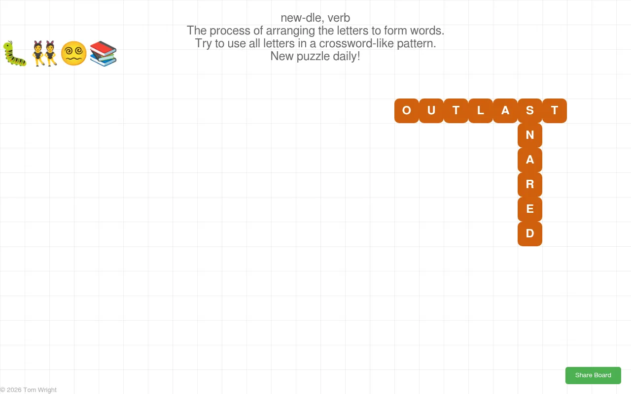 newdle's 22 October 2026 board solved: twelve orange tiles spelling OUTLAST across and SNARED down, with the caterpillar, two-word, dizzy face and book emoji earned at top left