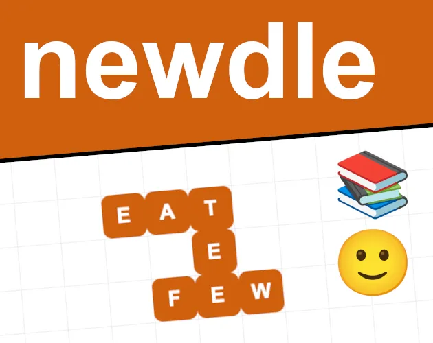 newdle cover: orange letter tiles forming EAT and FEW joined by TEE in a small crossword, with book and smiley emoji