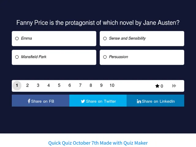 Newsroom daily quiz for 7 October: question 1 of 10, 'Fanny Price is the protagonist of which novel by Jane Austen?', with four answers and the question bar