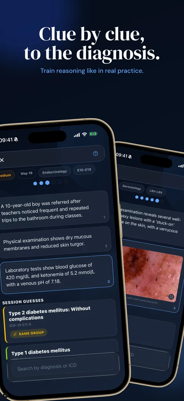 App Store screenshot 'Clue by clue, to the diagnosis': a NEXO case with three clues about a 10-year-old boy and guesses marked Same Group