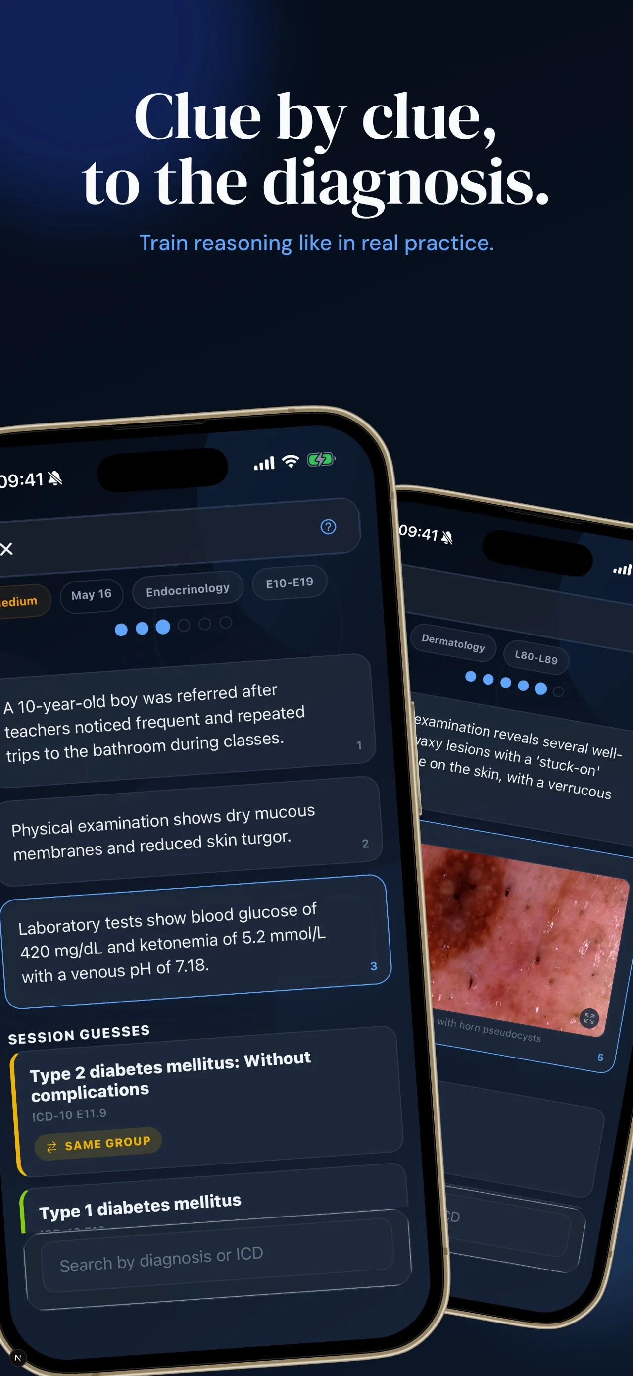 App Store screenshot 'Clue by clue, to the diagnosis': a NEXO case with three clues about a 10-year-old boy and guesses marked Same Group