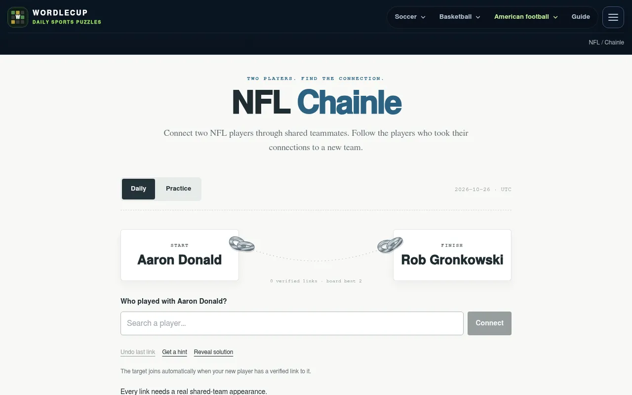 NFL Chainle daily board for 26 October 2026: start player Aaron Donald, finish player Rob Gronkowski, board best 2 links, with the teammate search box below