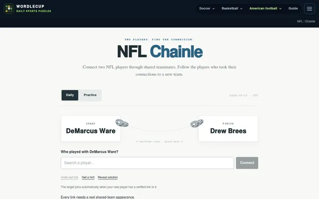 NFL Chainle daily board for 17 October 2026: start player DeMarcus Ware, finish player Drew Brees, with the teammate search box below