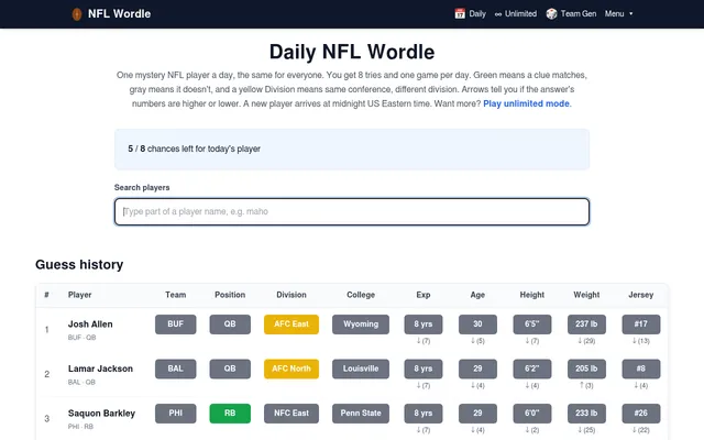 Today's NFL Wordle daily board, 30 October 2026, after three guesses (Josh Allen, Lamar Jackson, Saquon Barkley): a green RB tile, yellow AFC divisions and lower arrows on the numbers