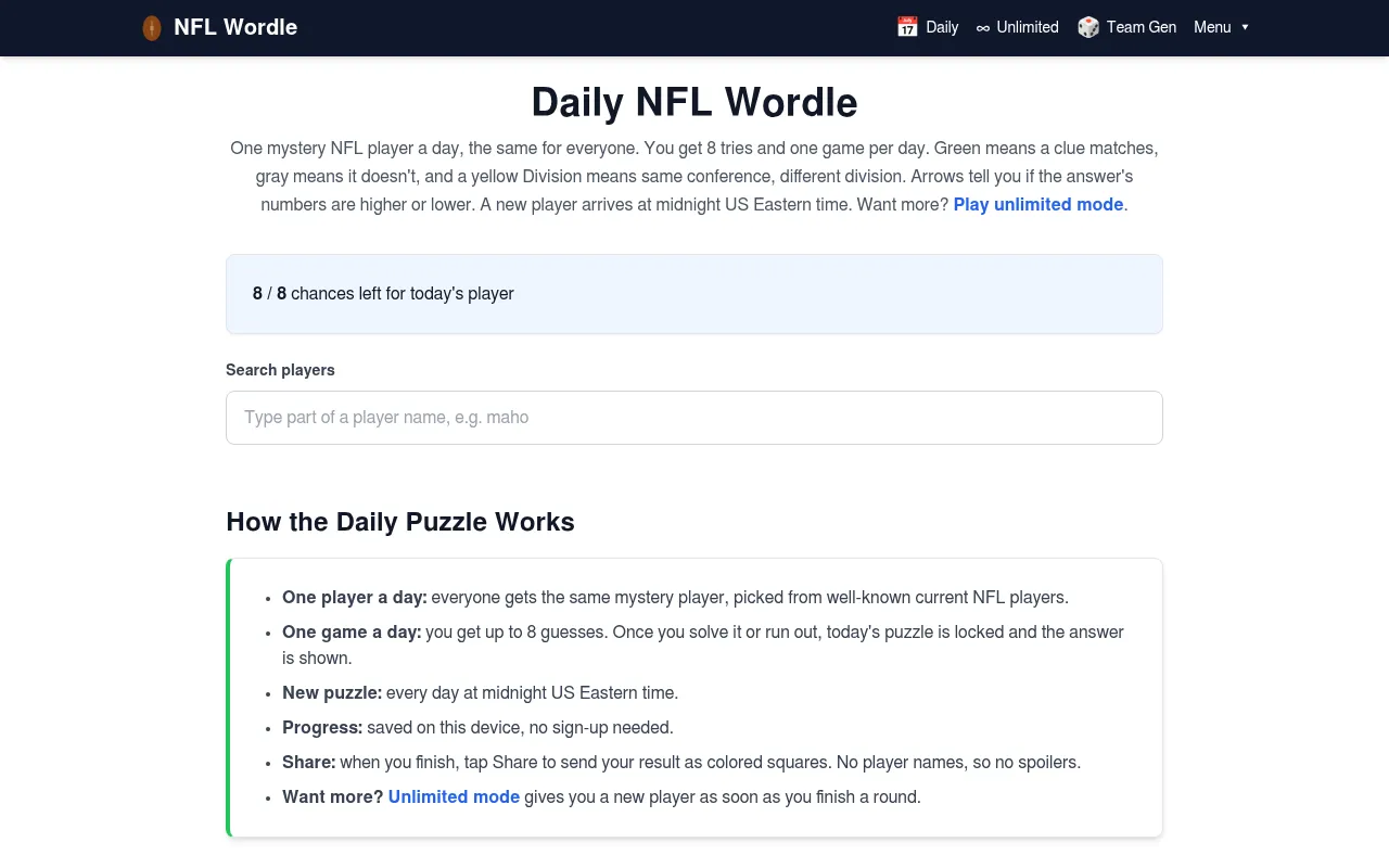 The NFL Wordle daily page with eight chances left, the player search box and the daily rules