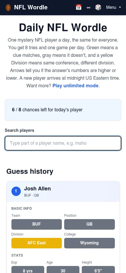 NFL Wordle daily at phone size on 30 October 2026: the search box and a guess card for Josh Allen with team, position, division, college and stat rows