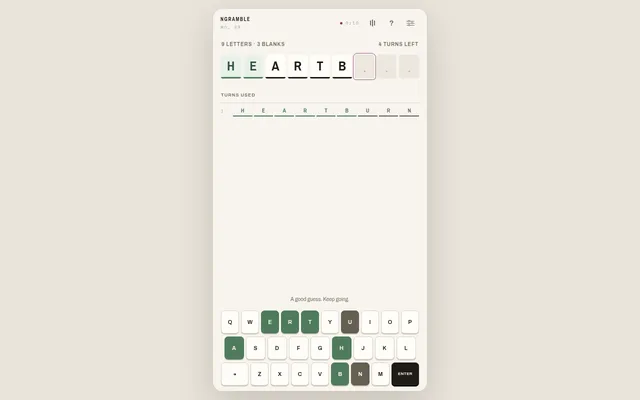 Ngramble puzzle no. 69 on desktop: nine tiles with ARTB fixed, one guess played with green and grey marks, four turns left and the on-screen keyboard