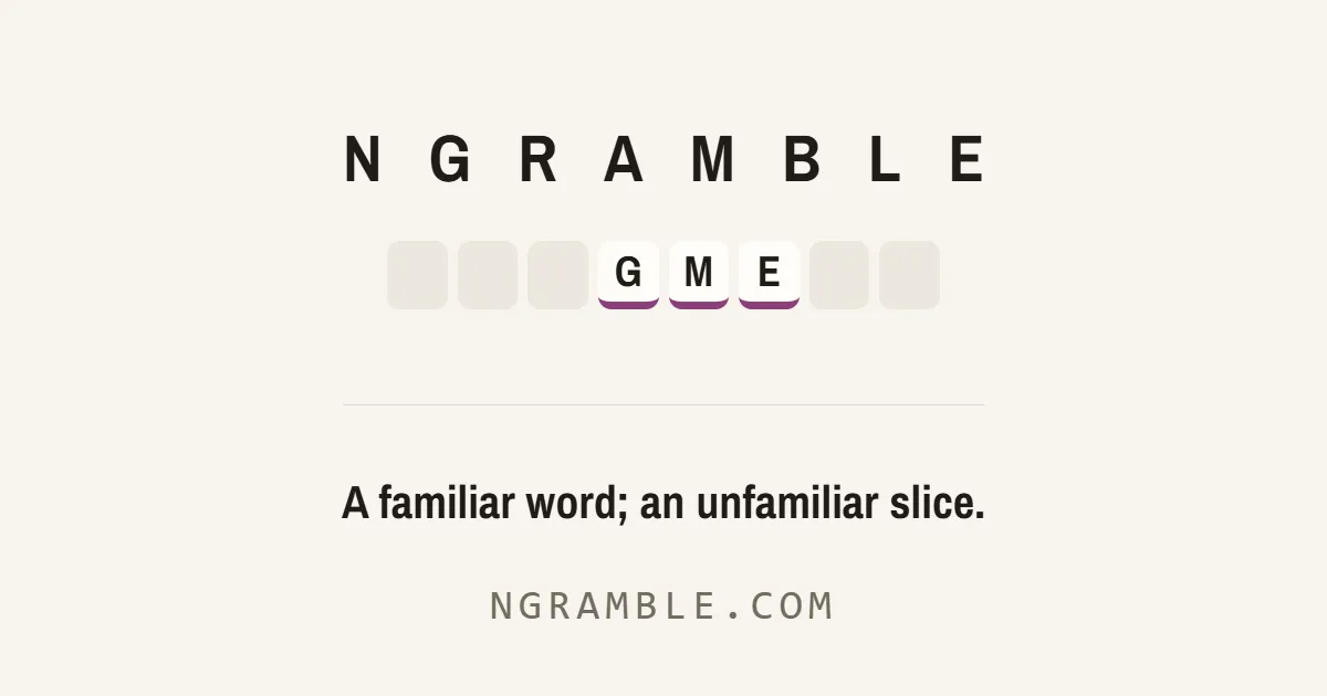 Ngramble wordmark above eight tiles with G, M and E fixed in the middle and the line A familiar word; an unfamiliar slice
