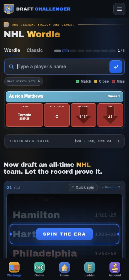 NHL Wordle at phone size after one guess, Auston Matthews, with team, position, height and age tiles under the name box
