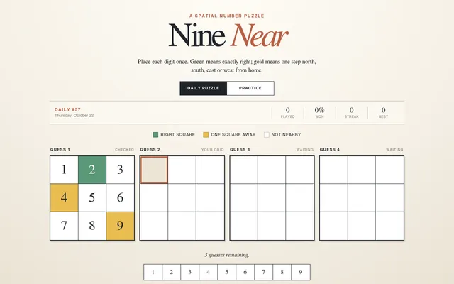 Nine Near Daily #57 on Thursday October 22: a first guess checked, with 2 green in the right square and 4 and 9 gold one square away, beside three empty guess grids