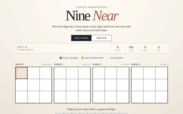 Nine Near Daily #1, Thursday August 27: four empty 3x3 guess grids side by side under the colour key Right square, One square away and Not nearby
