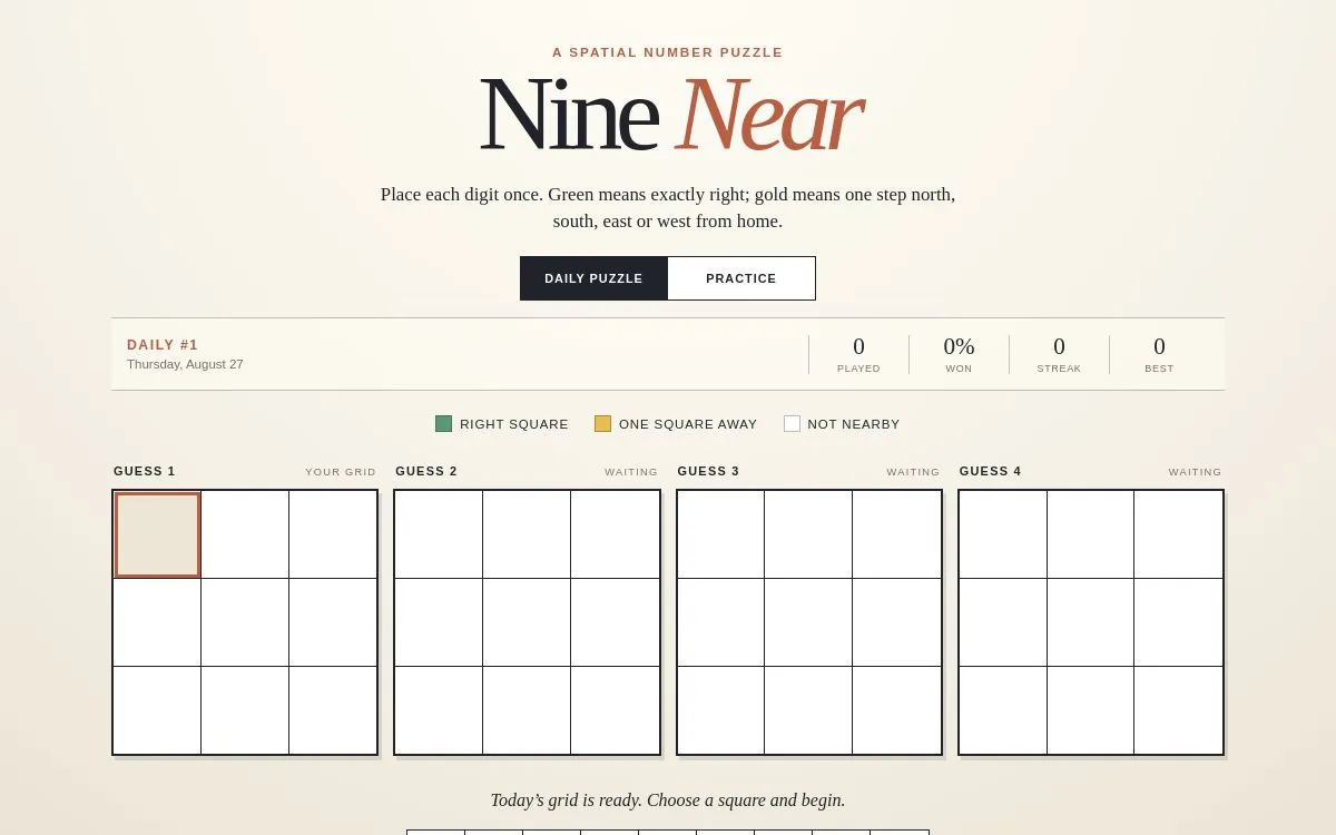 Nine Near Daily #1, Thursday August 27: four empty 3x3 guess grids side by side under the colour key Right square, One square away and Not nearby