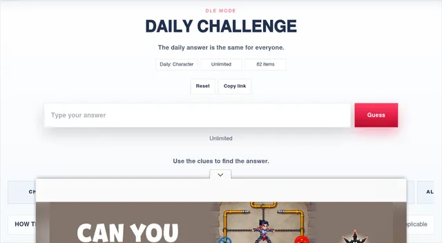 NintendoDLE's Daily Challenge panel on SK Dojo: the note that the daily answer is the same for everyone, the Daily: Character, Unlimited and 82 items labels, and the answer box with its Guess button (