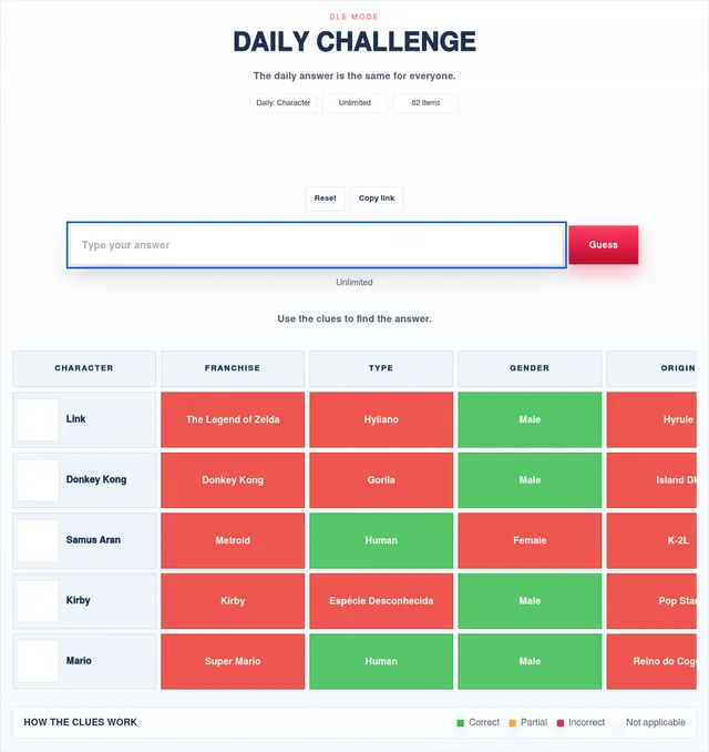 NintendoDLE's daily board with five guesses (Link, Donkey Kong, Samus Aran, Kirby, Mario), each row coloured green or red for franchise, type, gender and origin