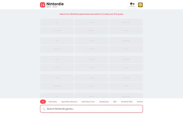 Nintordle Daily #109: six empty rows of clue boxes for year, genre, developer, platform, rating and score, with a Nintendo game search box and system filters