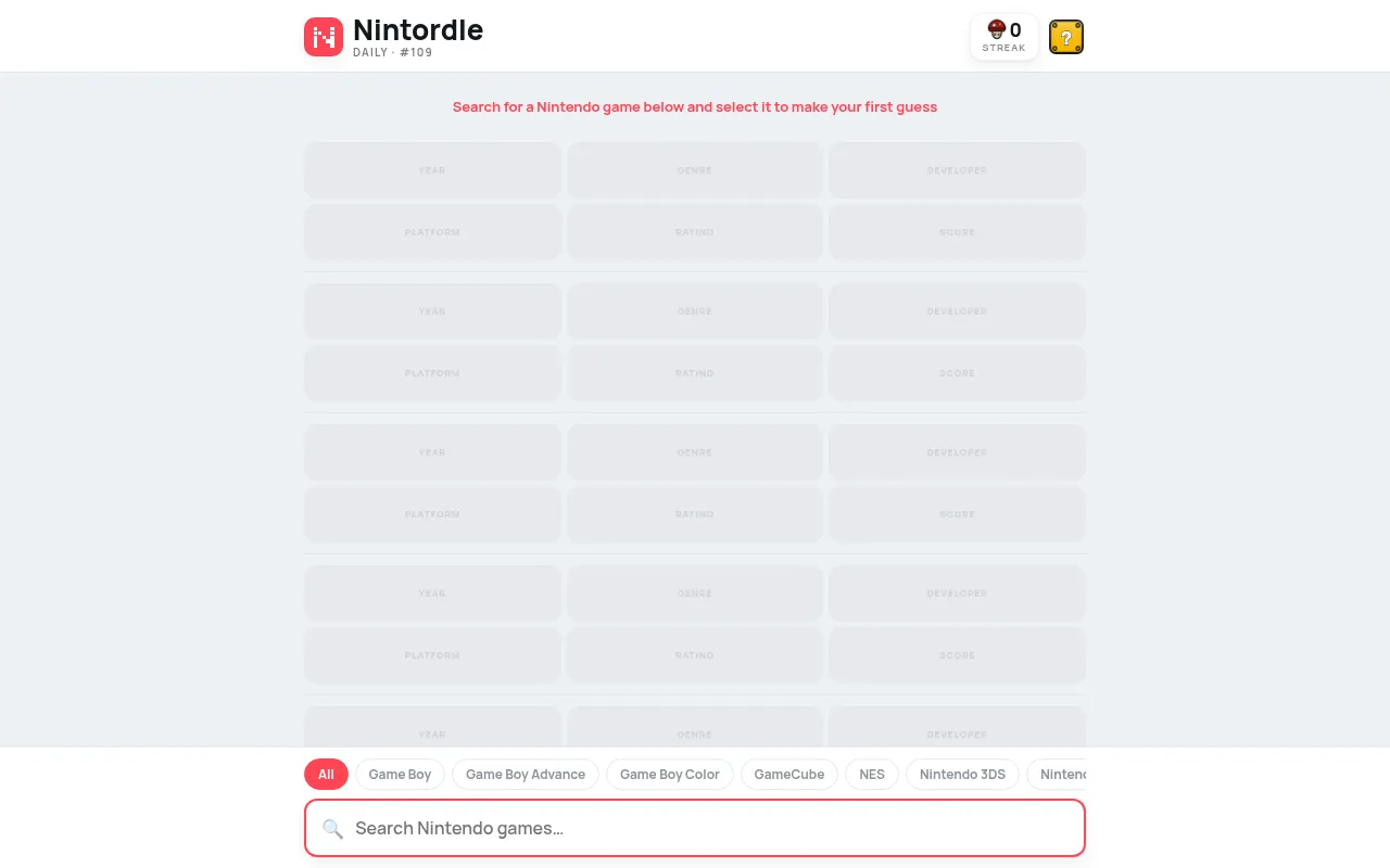 Nintordle Daily #109: six empty rows of clue boxes for year, genre, developer, platform, rating and score, with a Nintendo game search box and system filters