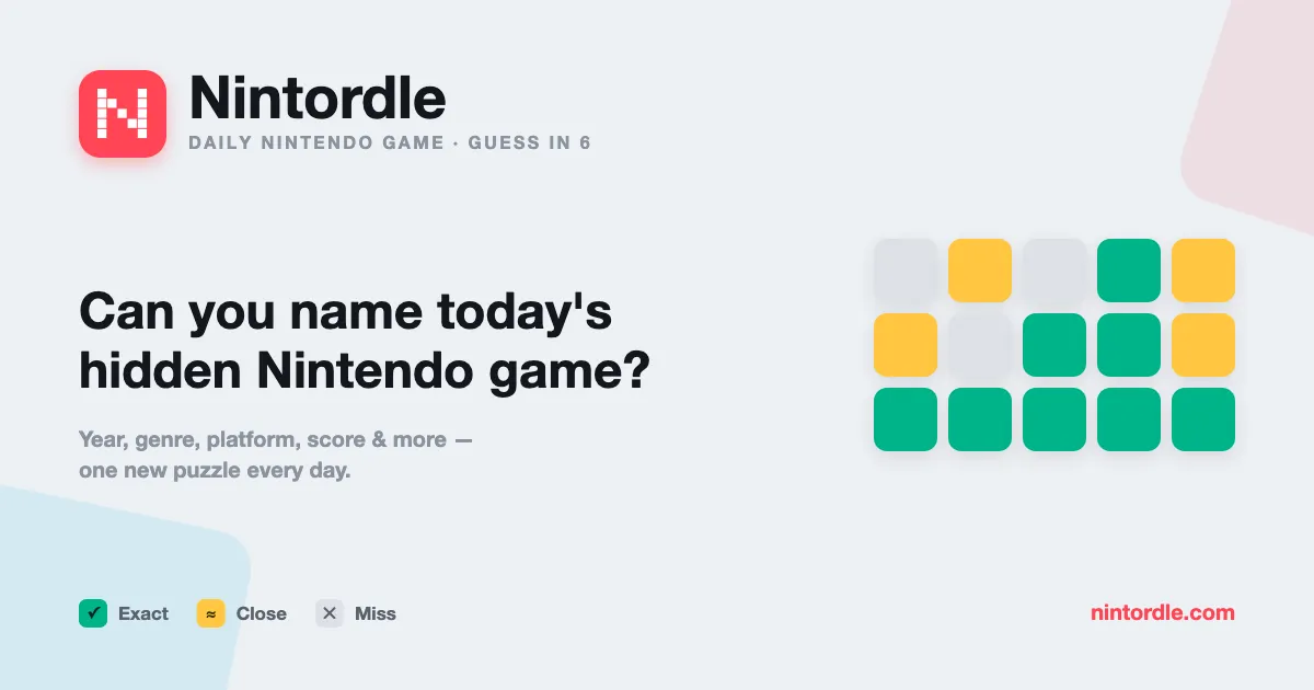 Nintordle share art: the Nintordle logo, Daily Nintendo game, guess in 6, and the question Can you name today's hidden Nintendo game?