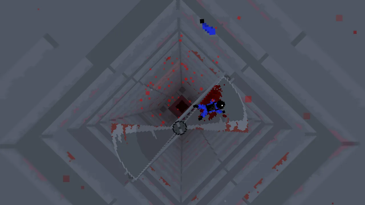 No Parachute in play: the blue-suited skydiver, one arm already lost, falls past a spinning blade in a grey shaft spattered with red