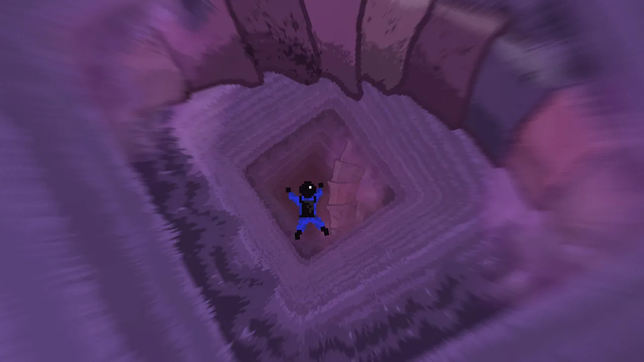No Parachute gameplay: the skydiver drops spread-eagled down a jagged purple cave shaft