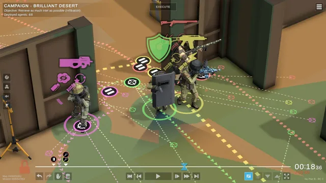 No Plan B planning view on the Brilliant Desert campaign map: a squad behind a ballistic shield, dotted route lines and action markers, with the timeline and Execute button