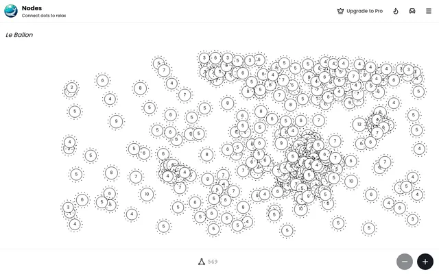 Today's Nodes board, Le Ballon, in the browser: hundreds of numbered dots waiting to be linked into triangles, with zoom buttons and a count of 569