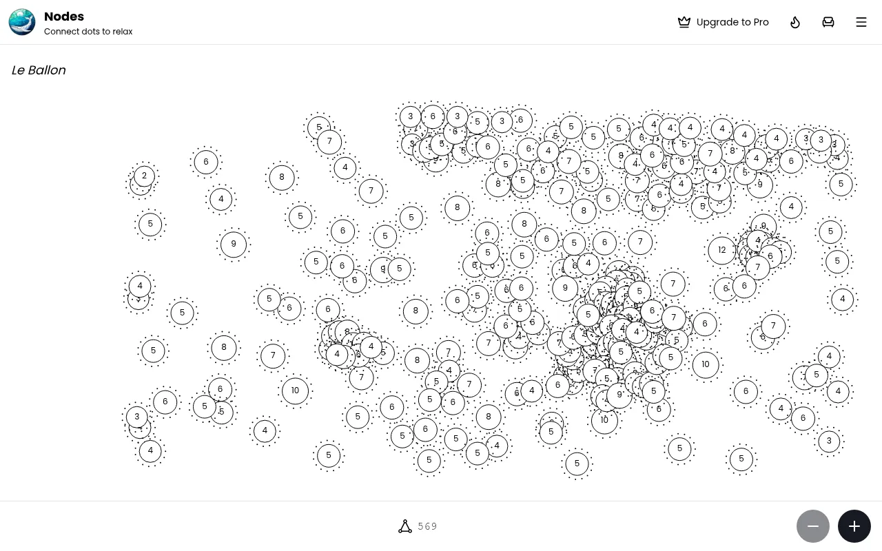 Today's Nodes board, Le Ballon, in the browser: hundreds of numbered dots waiting to be linked into triangles, with zoom buttons and a count of 569