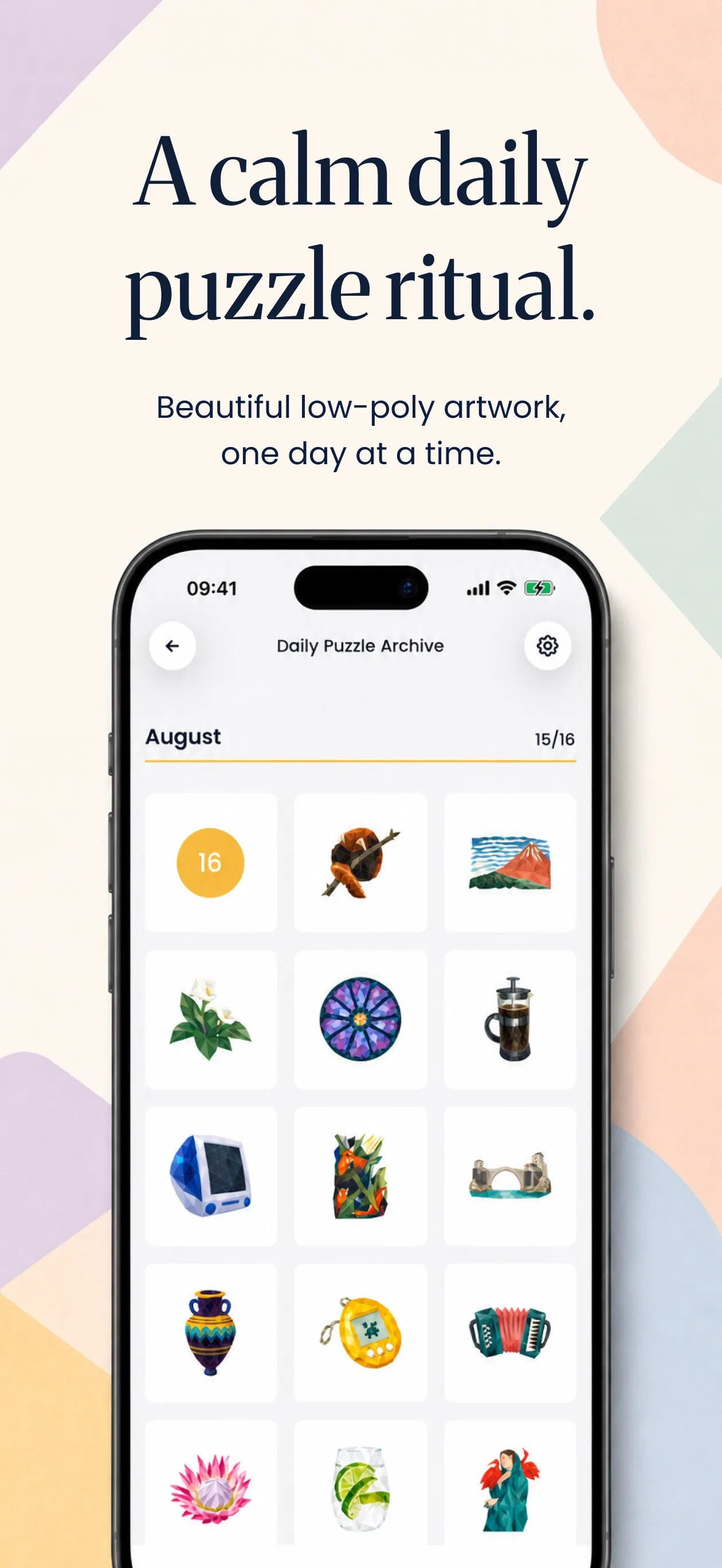 Nodes Daily Puzzle Archive for August in the app, showing finished low-poly pictures such as a flower, a stained glass window and an accordion