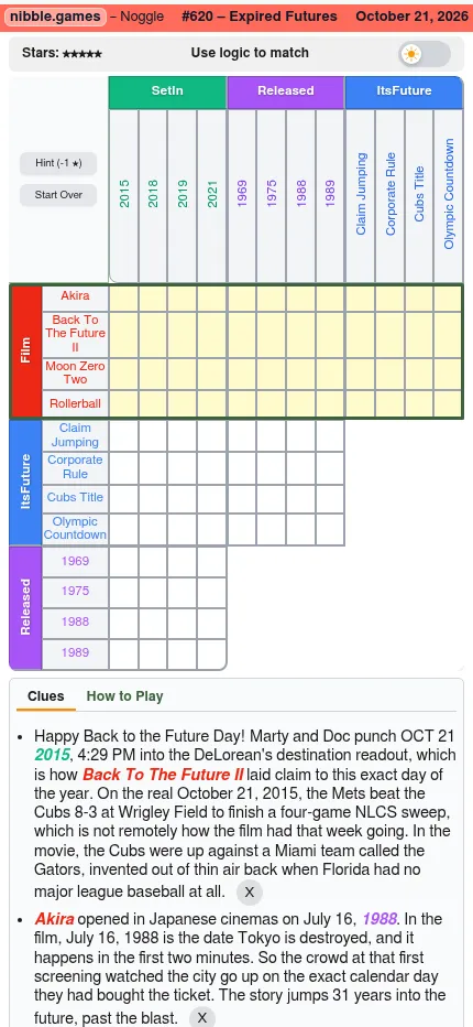 Noggle #620 at phone size: the full Expired Futures grid fits the screen with the first clues below it