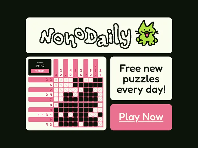NonoDaily promo card with the logo and a green cat, a partly solved pink nonogram grid with a timer, and the text 'Free new puzzles every day!'