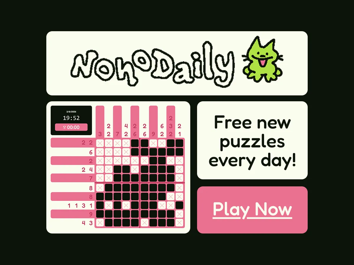 NonoDaily promo card with the logo and a green cat, a partly solved pink nonogram grid with a timer, and the text 'Free new puzzles every day!'