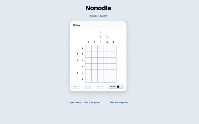 Nonodle's Today card on 19 October 2026: a blank 5-column by 6-row nonogram with its row and column clues, and Undo, Redo, Reset and Mode buttons