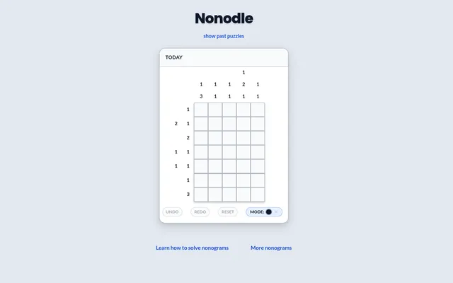 Nonodle's Today card: a blank 5-column by 7-row nonogram with its row and column clues, and Undo, Redo, Reset and Mode buttons