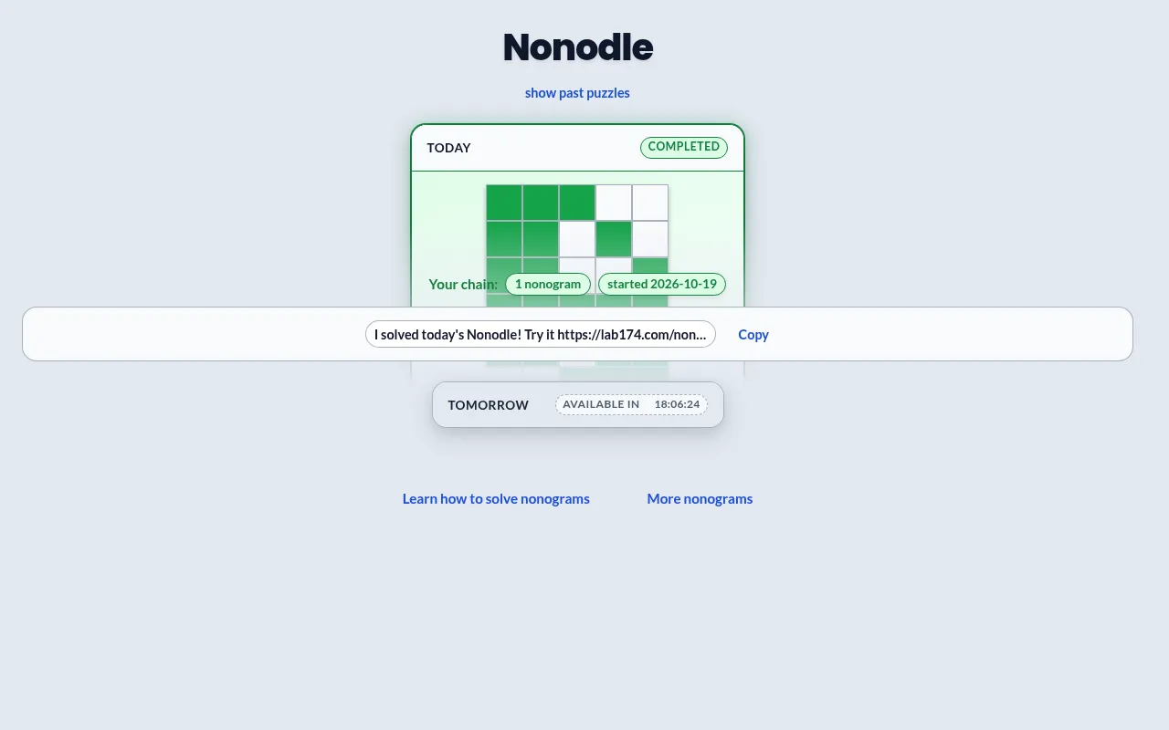Nonodle's 19 October 2026 puzzle solved in green, marked Completed, with the chain count, a share line and a countdown to tomorrow's puzzle