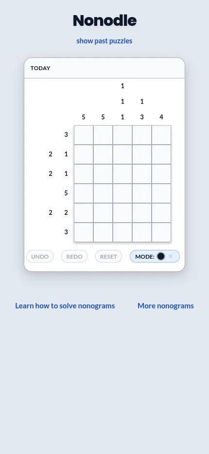 Nonodle at phone size: the Today nonogram grid with its clues and controls fitting the narrow screen