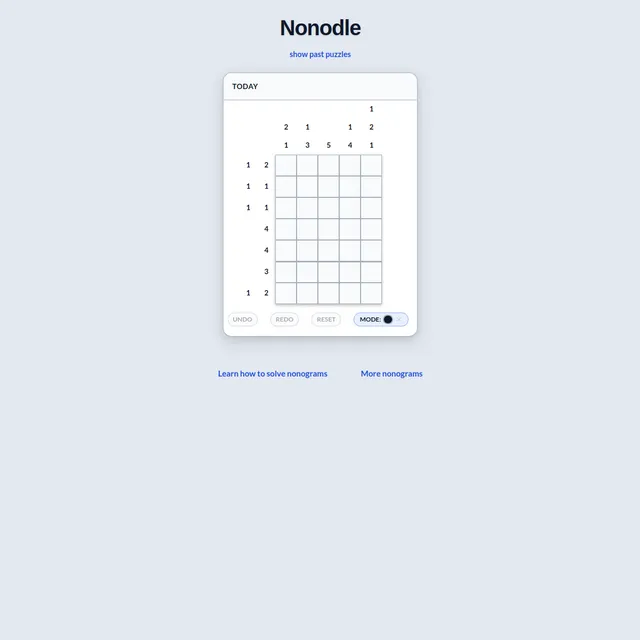 Nonodle's Today card: a blank 5-column by 7-row nonogram with its row and column clues, and Undo, Redo, Reset and Mode buttons